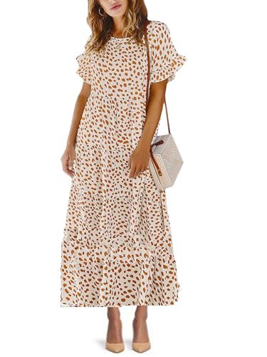 Woolicity Damen Lange Kleid Blumenmuster Freizeitkleider Kurzarm Abendkleid Rüschen Freizeitkleider Weiß S von Woolicity