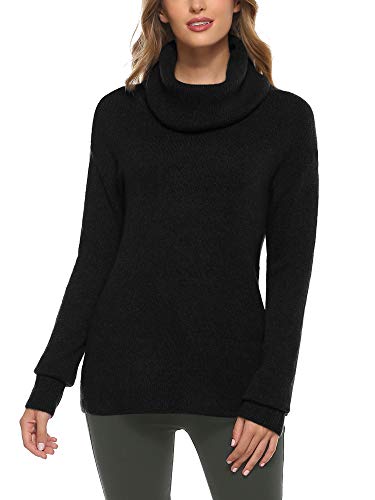 Woolicity Damen Rollkragen Strickpullover Einfarbiger Stricken Pullover Langarm Classic Fit Pullover Casual Cowl Jumper, Schwarz, Medium von Woolicity