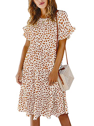 Woolicity Damen Sommer Tunika Kleid Sommer Rüschen schlicht Rundhals Lose fließende Swing Shift Kleider Weiß L von Woolicity