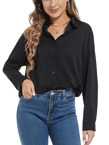 Woolicity Frauen Button Down Shirts Langarm Faltenfreie Solide Arbeit Bluse Kleid Shirts Schwarz M von Woolicity