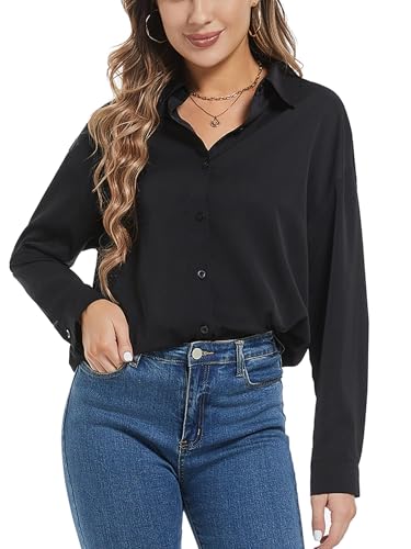 Woolicity Frauen Button Down Shirts Langarm Faltenfreie Solide Arbeit Bluse Kleid Shirts Schwarz XXL von Woolicity