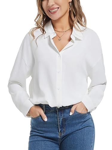 Woolicity Frauen Button Down Shirts Langarm Faltenfreie Solide Arbeit Bluse Kleid Shirts Weiß M von Woolicity