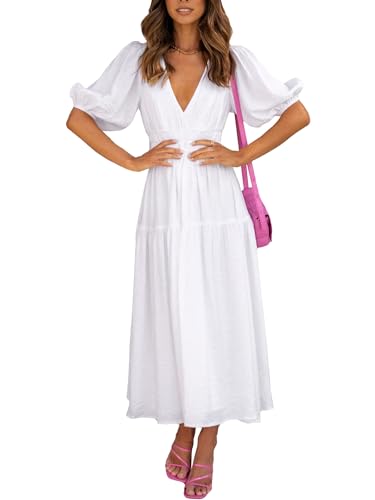 Woolicity Frauen langes Kleid Casual V-Ausschnitt Kleid kurzärmeliges Abendkleid Rüschen Rand Casual Kleid Weiß L von Woolicity