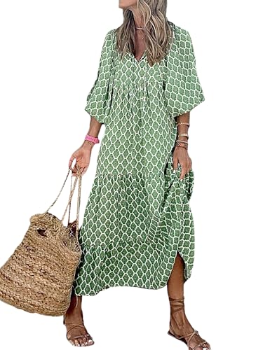 Woolicity Kleider Damen Sommer Geometrisches Patchwork-Kleid V-Ausschnitt mit Puffärmeln Leicht und Luftig Pareos & Strandkleider für Damen von Woolicity