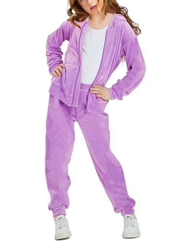 Woolicity Mädchen Sweatsuits Set Velour Trainingsanzug 2-teilige Outfits Zip Up Hoodies und Hosen Sportswear Jogging Set Hellviolett 120 von Woolicity