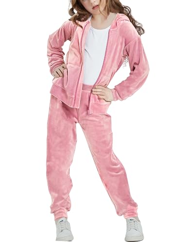 Woolicity Mädchen Sweatsuits Set Velour Trainingsanzug 2-teilige Outfits Zip Up Hoodies und Hosen Sportswear Jogging Set Rosa 150 von Woolicity