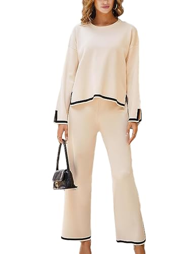 Woolicity Two-Piece Women's Leisure Suit Langarm Strickpullover Ribbed Knitted Jumper with Lange Hose mit Weites Bein Elastische Taille Lounge Set Freizeit Outfit von Woolicity