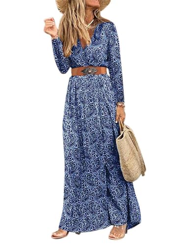 Woolicity Women's Autumn Maxi Dresses, Boho Kleid Damen Langarm Blumenmuster V-Ausschnitt Herbst Strandkleid Fließend von Woolicity