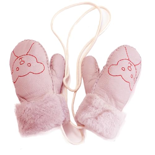 Woolous Lammfell Handschuhe Kinder, Wolle-Futter Thermal Handschuhe, Superwarme Hängende Schafsfell Fäustlinge mit Anti-Verlust-Schnur für Jungen und Mädchen Unter 5 Jahren (Rosa) von Woolous