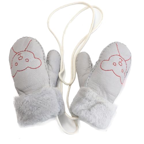 Woolous Lammfell Thermo Handschuhe Kinder, Wolle-Futter Winter Volle Finger Kinderhandschuhe, Superwarme Hängende Fäustlinge mit Anti-Verlorene Schnur für Unter 5 Jahre Alte Jungen, Mädchen (Grau) von Woolous