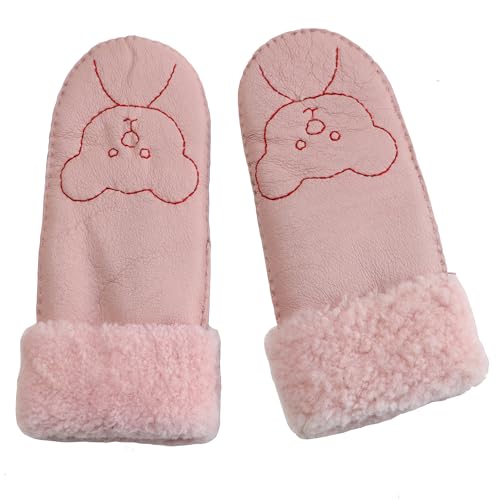 Woolous Thermo Lammfell Handschuhe Kinder, Wolle-Futter Volle Finger Schafsfell Winterhandschuhe, Superwarme Wollhandschuhe für Jungen und MäDchen Unter 10 Jahren (Rosa) von Woolous