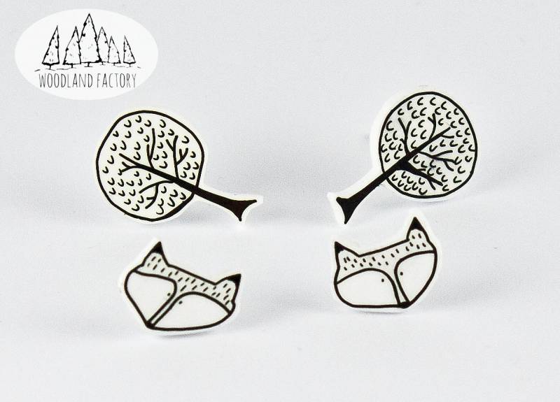 Foxes & Trees - 2 Paar Handgefertigte Ohrstecker Rotfuchs Baum Wald Niedlichen Ausgefallenen Geschenk Wolf Schmuck von WooodlandFactory