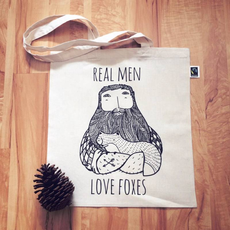 Real Men Love Foxes - Stoffbeutel Tierrechte Fuchs Bart Öko-Baumwolle Statement Lustig Wald Wild Vegan Hipster Schrullig Geschenk Vorhanden von WooodlandFactory
