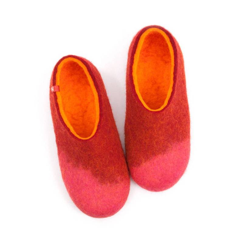Helle Merino Wolle Filz Hausschuhe Rot Orange Damen Haus Clogs von Wooppers
