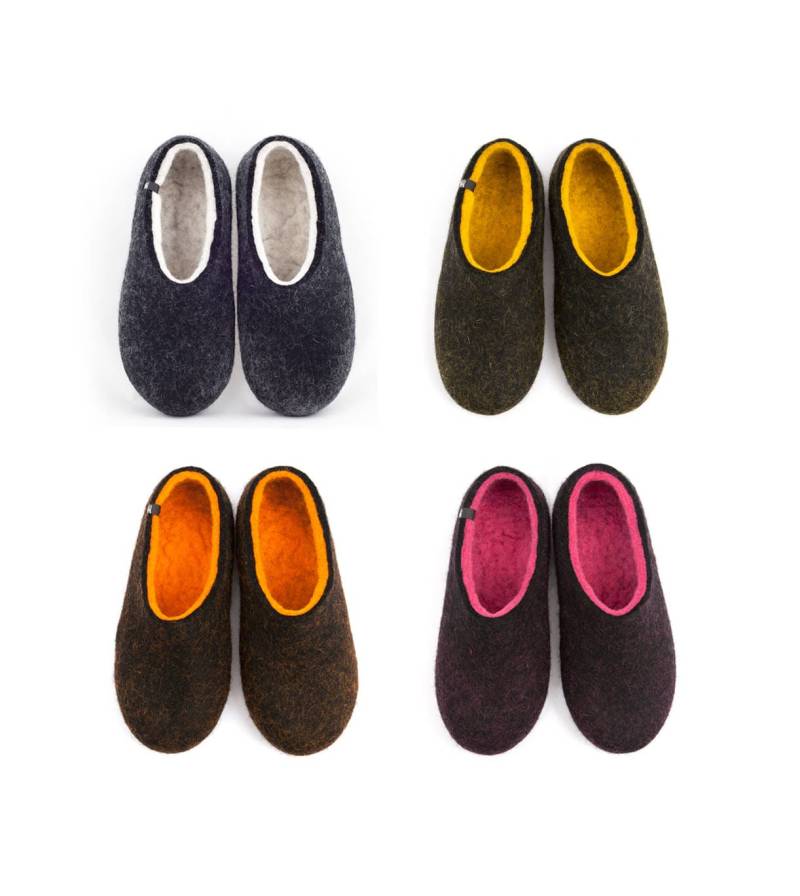 Handgefertigte Schwarze Wollfilz-Hausschuhe Mit Buntem Interieur - Kuschelig Weiche Merinowolle Für Damen von Wooppers
