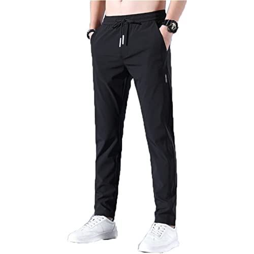 Schnell trocknende Stretch-Hose für Herren, Klassische Business-Hose mit hoher elastischer Taille, Ultra-elastische, leichte, schnell trocknende Jogginghose aus Eisseide mit Tasche. (Black,4XL) von Wopee