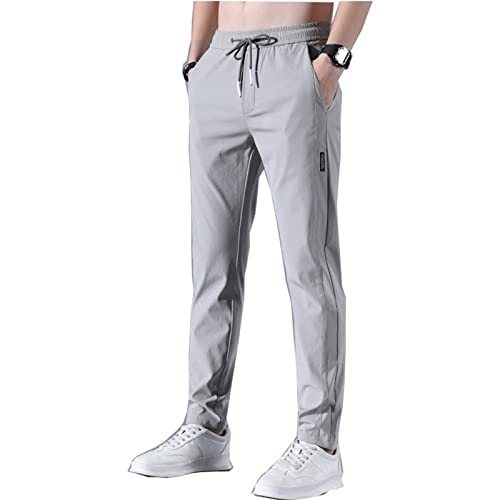 Schnell trocknende Stretch-Hose für Herren, Klassische Business-Hose mit hoher elastischer Taille, Ultra-elastische, leichte, schnell trocknende Jogginghose aus Eisseide mit Tasche. (Gray,2XL) von Wopee