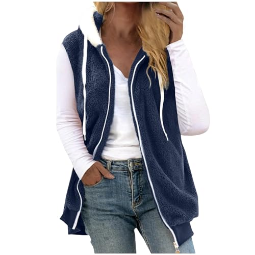 Damen Plüsch Weste Teddy Fleece Jacke Ärmellos Tasche Warme Weste Übergangsweste Fleece Jacke Outdoor Activity Jacke Herbst Winter Jacke mit Taschen Reißverschluss Weste L 38 01-Navy von Woranb