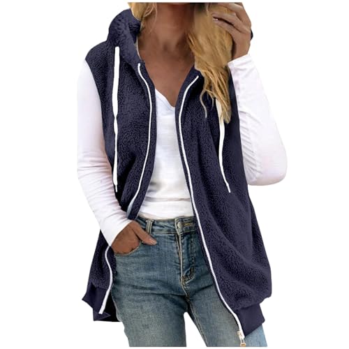 Damen Plüsch Weste Teddy Fleece Jacke Ärmellos Tasche Warme Weste Übergangsweste Fleece Jacke Outdoor Activity Jacke Herbst Winter Jacke mit Taschen Reißverschluss Weste L 38 05-Navy von Woranb