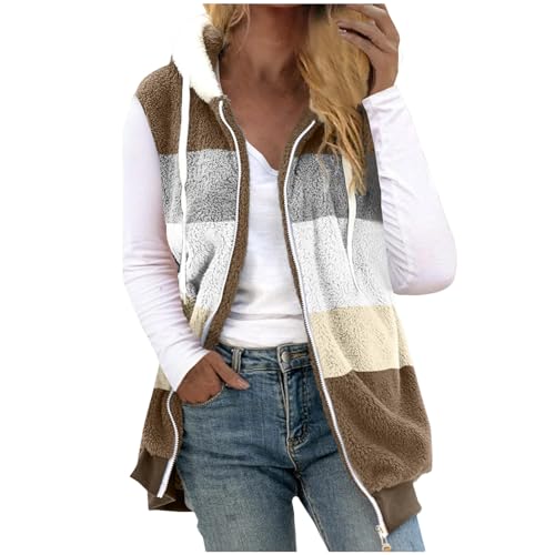 Damen Plüsch Weste Teddy Fleece Jacke Ärmellos Tasche Warme Weste Übergangsweste Fleece Jacke Outdoor Activity Jacke Herbst Winter Jacke mit Taschen Reißverschluss Weste XL 40 07-Coffee von Woranb