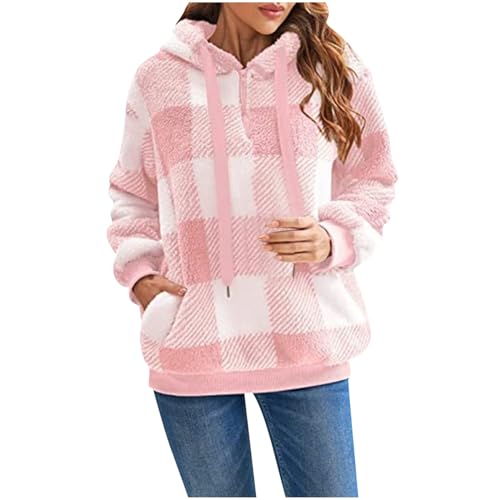 Damen Winterjacke Fleecejacke Casual Rundhalsausschnitt Langarm Kapuze Warmes Top Pullover Doppelseitiges Fleece Top Sportjacke Bequemes Top mit Taschen 4XL 46 02-Pink von Woranb