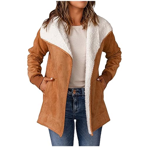 Woranb Damen Oberbekleidung Wildleder-Jacken Übergangsjacke Starke warme Mäntel Teddyfleece Gefüttert Einfarbig Wildleder Jacke Faux Pelz Fleece Herbst-Winter Splice-Revers mit Kapuze XL 40 Yellow von Woranb