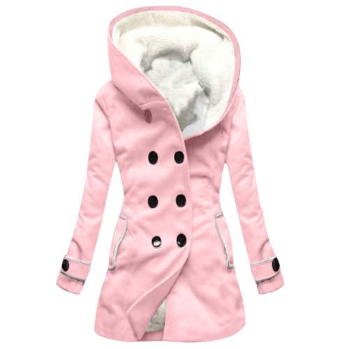 Woranb Wintermantel Damen mittellange gepolsterte Jacke doppelreihiger Kapuzenmantel Plüsch gefütterter Mantel eleganter Damen Pendlermantel langärmeliger Kapuzenmantel L 38 20-Pink von Woranb