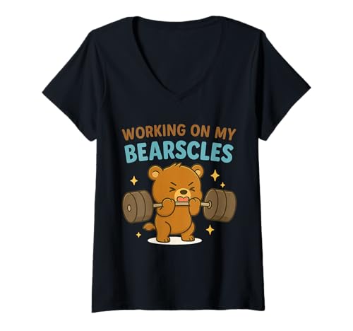 Damen Ich arbeite an Meinem Bearscle Fitness Workout Motivational Cute T-Shirt mit V-Ausschnitt von Working on my Bearscles Fitness Fun Workout Gear