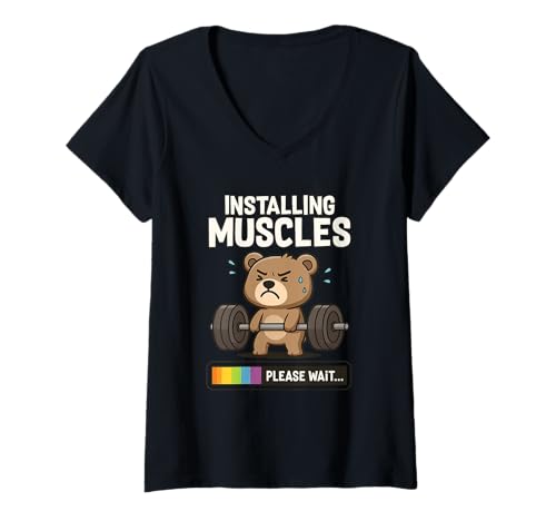 Damen Muscles Please Wait Funny Gym Bear Design T-Shirt mit V-Ausschnitt von Workout Humor Apparel for Fitness and Animal Fans
