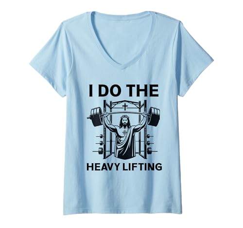Damen Christian Workout Jesus Ich Mache das Heavy Lifting Inspirierend T-Shirt mit V-Ausschnitt von Workout Jesus Apparel