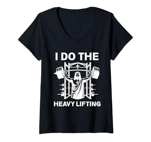 Damen Christian Workout Jesus Ich Mache das Heavy Lifting Inspirierend T-Shirt mit V-Ausschnitt von Workout Jesus Apparel