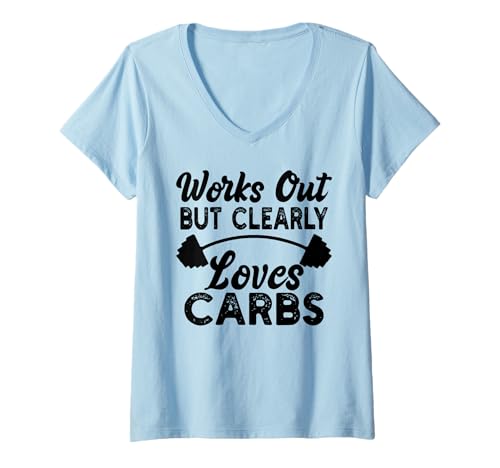 Damen Trainiert, liebt Aber eindeutig Kohlenhydrate Lustiges motivierendes Fitnessstudio T-Shirt mit V-Ausschnitt Damen Trainiert, liebt Aber eindeutig Kohlenhydrate Lustiges motivierendes Fitnessstudio T-Shirt mit V-Ausschnitt von Works Out But Clearly Loves Carb Funny Gym Workout
