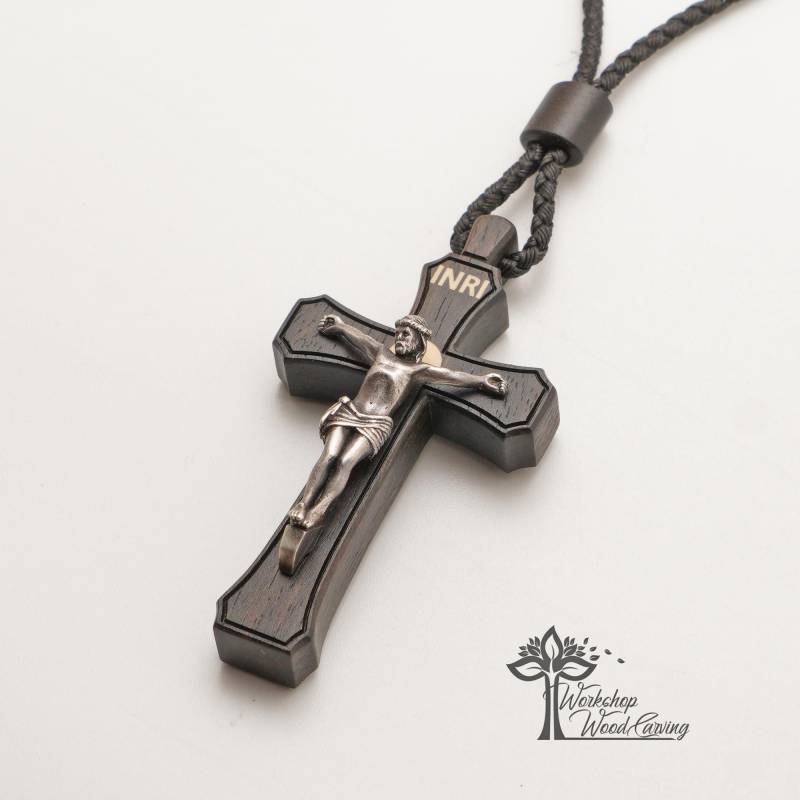 sterling Silber Kruzifix Halskette Ebenholz & Buchsbaum Inlay, Christlicher Schmuck sterling Silber Kruzifix Halskette Ebenholz & Buchsbaum Inlay, Christlicher Schmuck von WorkshopWoodCarving