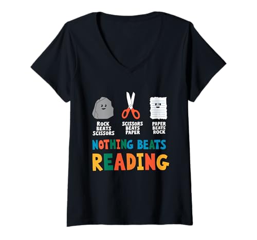 Damen Rock Paper Scissors Nothing Beats Reading T-Shirt mit V-Ausschnitt Damen Rock Paper Scissors Nothing Beats Reading T-Shirt mit V-Ausschnitt von World Book Day 2025 Tee