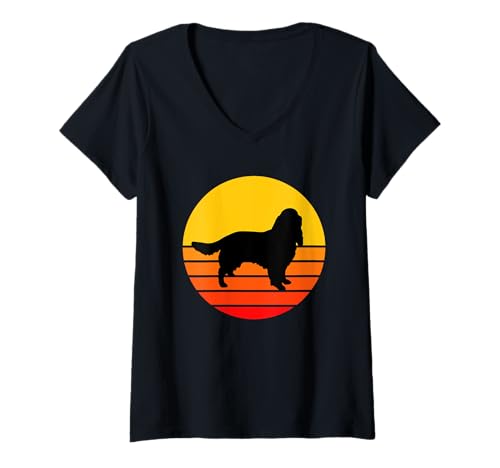Damen Hunderasse Englischer Springer Spaniel Hund Sonnenuntergang T-Shirt mit V-Ausschnitt Damen Hunderasse Englischer Springer Spaniel Hund Sonnenuntergang T-Shirt mit V-Ausschnitt von World Dogs Silhouette Retro Vintage Sunset