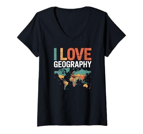 Damen Ich Liebe Geography Map Enthusiast Adventure T-Shirt mit V-Ausschnitt Damen Ich Liebe Geography Map Enthusiast Adventure T-Shirt mit V-Ausschnitt von World Exploration Geography Passion Travel