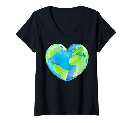 Damen Earth Day Love Herz Weltkugel T-Shirt mit V-Ausschnitt Damen Earth Day Love Herz Weltkugel T-Shirt mit V-Ausschnitt von World Globe Earth Day Love Heart