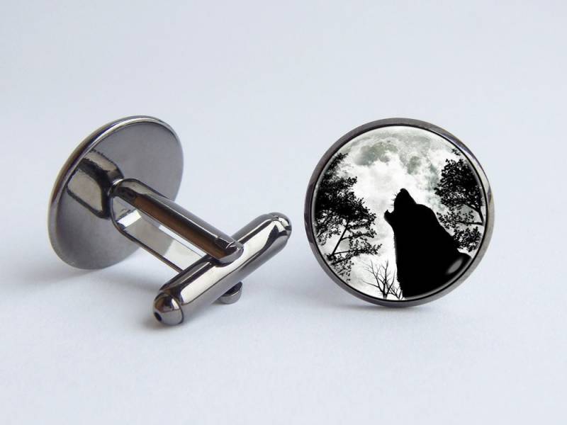 Hetze Wolf Manschettenknöpfe Und Mond Freund Geschenk Vollmond Schmuck Kopf Grau Wilde Tiere Schwarz von WorldOfDream