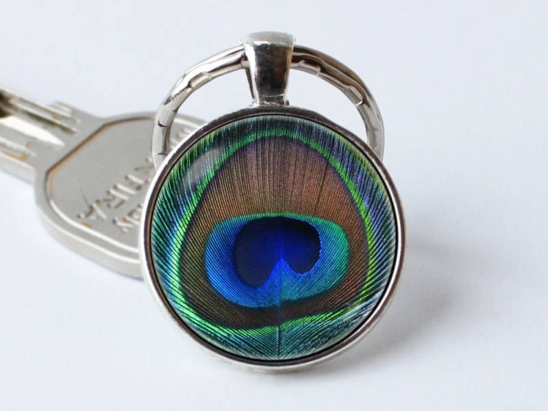 Pfauenfeder Schlüsselanhänger Pfau Schmuck Anhänger Feder-Schlüssel-Kette Feder-Schlüsselring Vogel Zoo Bunt von WorldOfDream