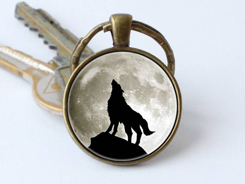 Schlüsselanhänger Wolf Mond Schmuck Anhänger Schwarzer Grauer Wildes Tier Geschenk von WorldOfDream