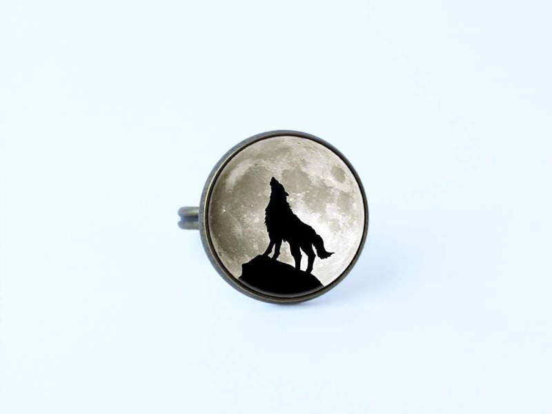 Schwarzer Wolf Ring Grau Mond Frau Geschenk Schmuck Lunar Wildlife Fullring Tier Ring Heulenden von WorldOfDream