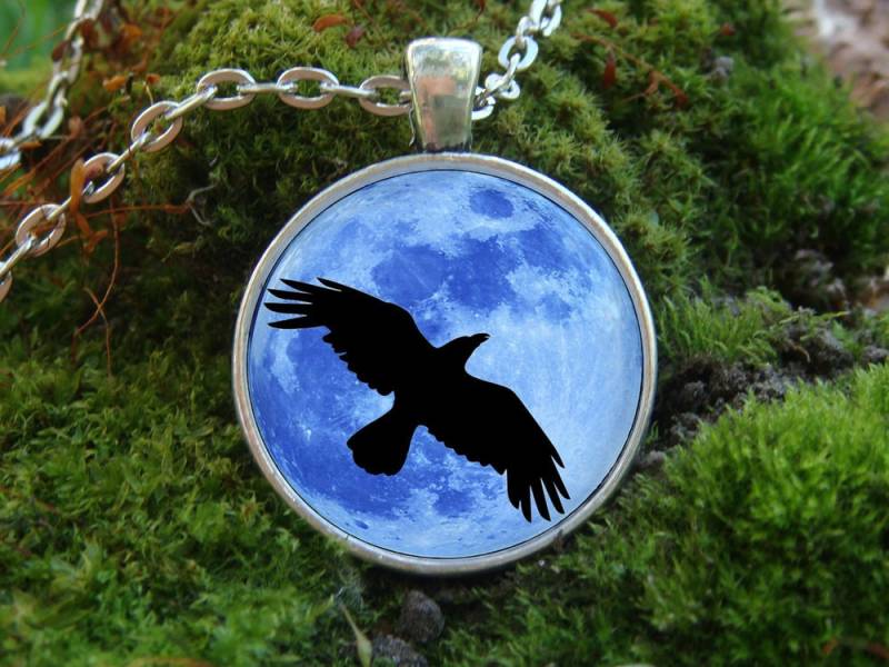 Der Im Dunkeln Leuchtet/Der Adler Und Mond Blue Moon Black Eagle Auf Dem Flying Bird Glow Halskette Glühende Anhänger von WorldOfGlow