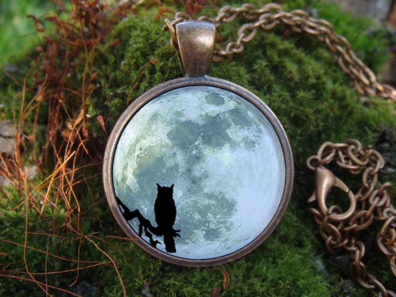 Eule Halskette Glühende Schmuck Moon Und Leuchtet Im Dunklen Owl Vogel Der Mond Anhänger Halsbandanhänger Glühen in Dunkelheit von WorldOfGlow