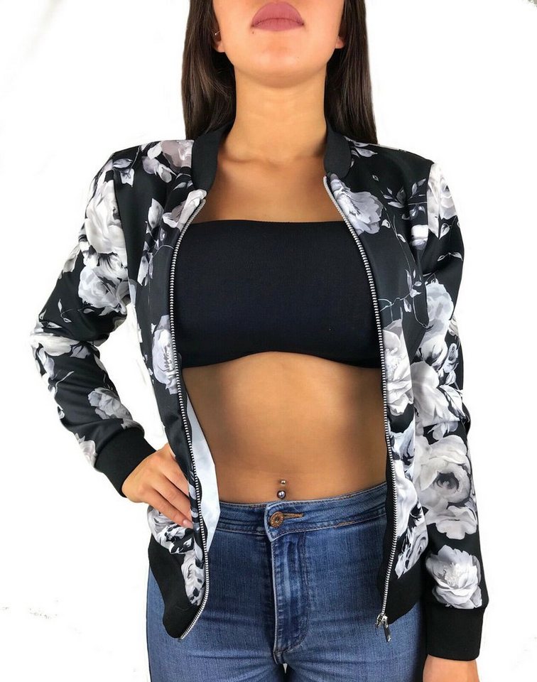 Worldclassca Blouson Worldclassca Damen Mädchen Blouson Bomberjacke Blumenprint Sommer Blumen Blüten Flower Muster Blogger Bomber Jacke Übergangsjacke kurz mit Reißverschluss Zip Neu von Worldclassca