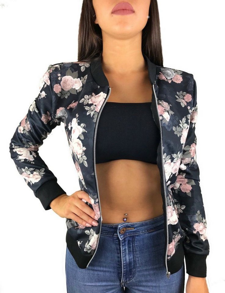 Worldclassca Blouson Worldclassca Damen Mädchen Blouson Bomberjacke Blumenprint Sommer Blumen Blüten Flower Muster Blogger Bomber Jacke Übergangsjacke kurz mit Reißverschluss Zip Neu von Worldclassca