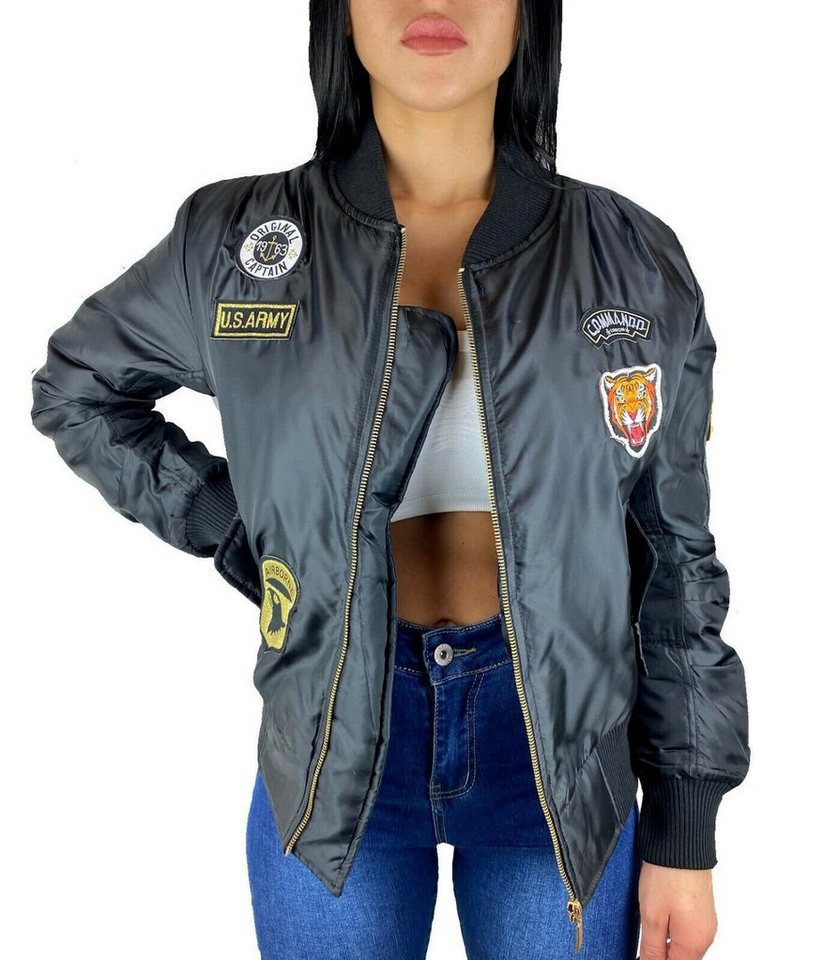 Worldclassca Bomberjacke Worldclassca Damen Bomber Jacke mit Army Militär Camouflage Patches Übergangsjacke Bomberjacke Blouson Piloten Jacke Fliegerjacke Neu XS-L von Worldclassca