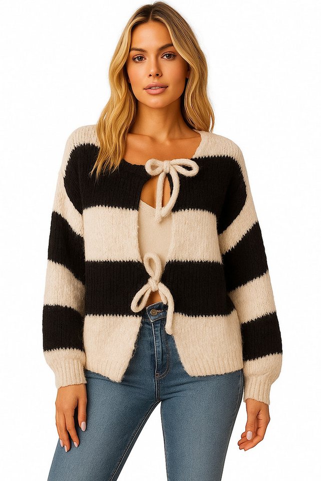 Worldclassca Cardigan WORLDCLASSCA Damen Cardigan Oversize Strickjacke mit Schleife Streifen Neue Kollektion - Stilvolle und gemütliche Strickmode für Damen von Worldclassca
