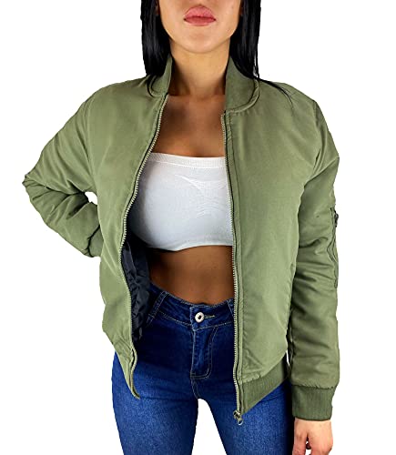 Worldclassca DAMEN BOMBER JACKE BOMBERJACKE RETRO PILOTEN BIKER ÜBERGANGS BLOUSON FLIEGERJACKE ARMY PARKA KURZ MIT REIßVERSCHLUSS ZIP VIELE FARBEN (Grün, S/M, s) von Worldclassca