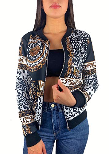 Worldclassca DAMEN BOMBERJACKE ANIMALPRINT SOMMER BLUMEN FLOWER LEOPARD MUSTER BOMBER JACKE RETRO PILOTEN BIKER ÜBERGANGSJACKE BLOUSON FLIEGERJACKE KURZ MIT REIßVERSCHLUSS ZIP BLOGGER (M-L, Muster#11) von Worldclassca