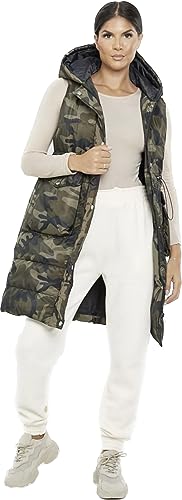 Worldclassca DAMEN STEPPWESTE CAMOUFLAGE LANG MIT KAPUZE WESTE ÄRMELLOS OUTDOOR STEPPMANTEL ÜBERGANGSJACKE HERBST WINTER GESTEPPT WARM JACKE BLOGGER FASHION NEU S-XL (M, Khaki Camouflage) von Worldclassca